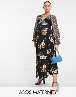 Чайное платье миди с открытой спиной и цветочным принтом ASOS DESIGN Maternity