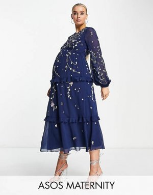 Темно-синее многоярусное платье миди с цветочной вышивкой ASOS DESIGN Maternity