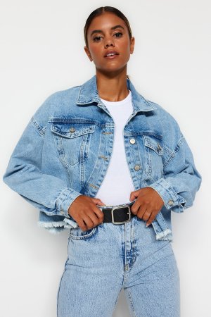 Куртка укороченная джинсовая с кисточками, голубой Trendyol