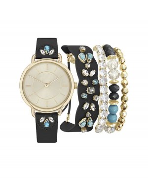 Женские аналоговые часы 34 мм с черным ремешком из драгоценных камней и комплект браслетов в тон , черный Jessica Carlyle