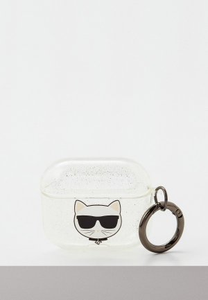 Чехол для наушников Karl Lagerfeld Airpods 3, TPU Glitters with ring Choupette Transparent Silver. Цвет: прозрачный