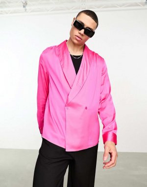 Неоново-розовая атласная рубашка с длинными рукавами и воротником-шалькой ASOS DESIGN