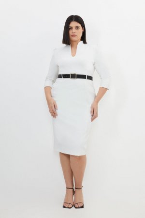 Платье больших размеров из структурированного крепа с высоким воротником и поясом , белый Karen Millen