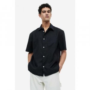 HM Рубашка свободного кроя с коротким рукавом из смесового льна, черная 1036745010 H&M