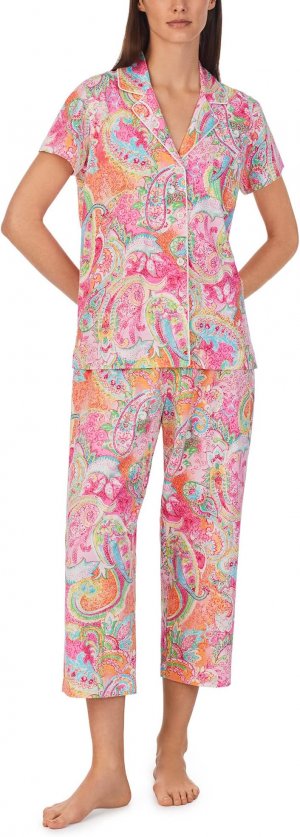 Пижамный комплект капри с короткими рукавами и вырезом на воротнике LAUREN Ralph Lauren, цвет Pink Ground Paisley