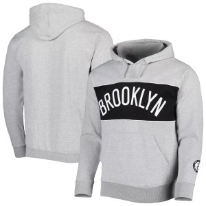 Мужской пуловер с капюшоном из плюша надписью «Бруклин Нетс» серого цвета Хизер «Френч Терри» Fanatics