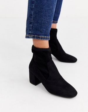 Черные полусапожки на каблуке с квадратным носком и эластичным манжетом -Черный New Look