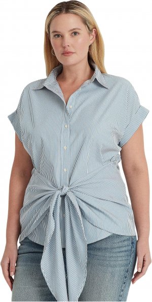 Рубашка из хлопкового сукна в полоску больших размеров с завязками спереди LAUREN Ralph Lauren, цвет White/Provincial Blue