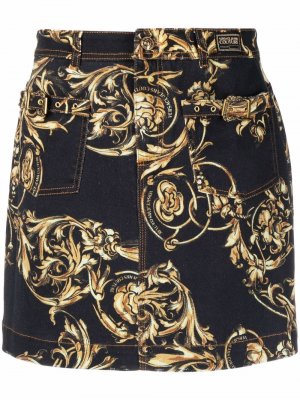 Джинсовая юбка с принтом Baroque Versace Jeans Couture. Цвет: черный