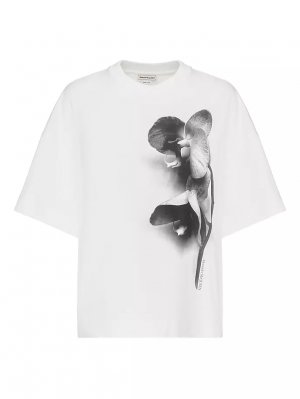 Хлопковая футболка с принтом орхидеи, белый Alexander McQueen