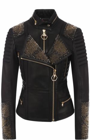 Приталенная кожаная куртка с косой молнией Philipp Plein. Цвет: черный