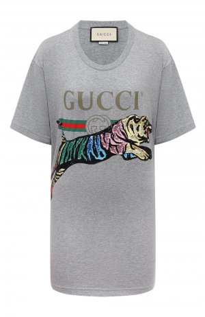 Хлопковая футболка Gucci. Цвет: серый