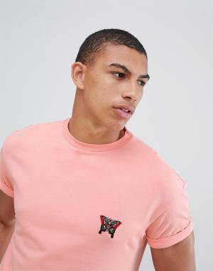 Коралловая футболка с вышивкой бабочки New Look. Цвет: розовый