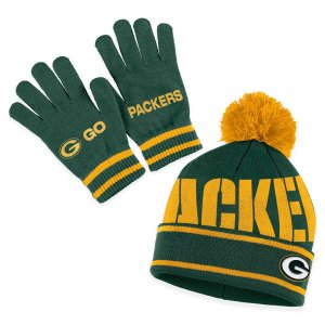 Женская одежда Erin Andrews Green Bay Packers Вязаная шапка с двойными жаккардовыми манжетами, комплект помпоном и перчатками Unbranded