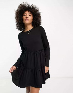 Черное многоярусное свободное платье-футболка с длинными рукавами и River Island