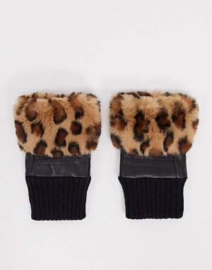 Черные кожаные перчатки без пальцев с отделкой из искусственного меха леопардовой окраской -Мульти Jayley