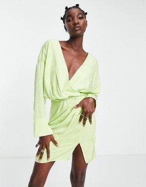 Зеленое атласное мини-платье с манжетами и длинными рукавами юбкой со складками ASOS DESIGN
