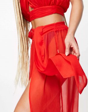 Красная шифоновая пляжная юбка макси с драпировкой и завязками ASOS