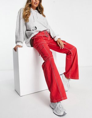 Красные расклешенные брюки карго с поясом ASOS DESIGN