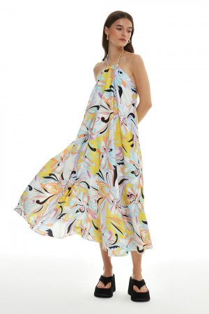 Длинное платье с открытой спиной и разноцветным узором, сиреневое QUZU