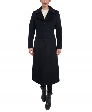 Женское однобортное пальто макси с воротником , черный Anne Klein