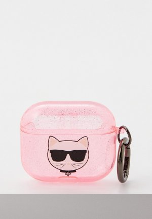 Чехол для наушников Karl Lagerfeld Airpods 3, TPU Glitters with ring Choupette Transparent Pink. Цвет: розовый