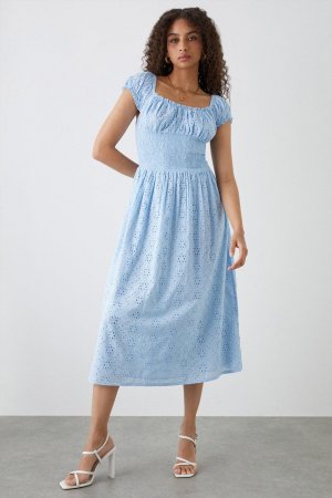 Синее платье миди с присборенной талией и вышивкой , синий Dorothy Perkins