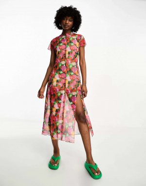Разноцветное сетчатое платье миди Bolongaro Trevor с цветочным принтом