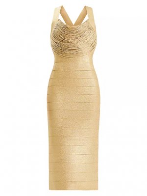 Вязаное платье миди с бахромой Disco , цвет met gold Hervé Léger