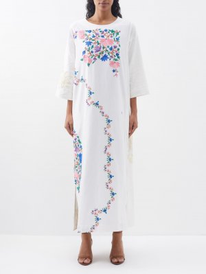 Платье из винтажного льна с цветочной вышивкой , белый By Walid