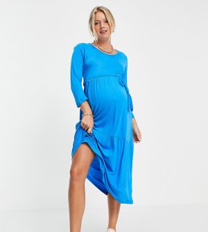 Синее платье миди с присборенной юбкой и завязкой над животом Mamalicious Maternity-Голубой Mama.licious