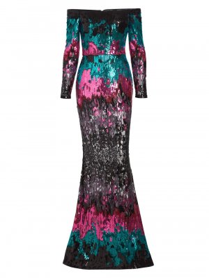Расшитое пайетками платье из тюля с открытыми плечами , разноцветный Elie Saab