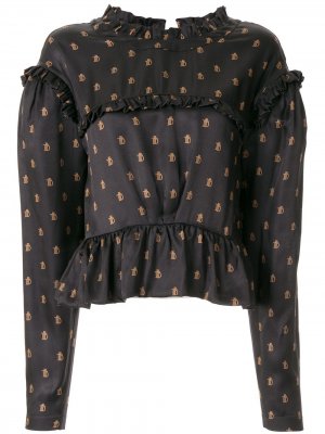 Блузка с оборками и монограммой Preen By Thornton Bregazzi. Цвет: синий