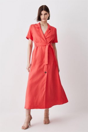 Льняное платье-рубашка миди с поясом , розовый Karen Millen