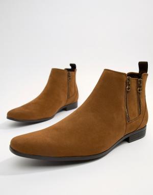 Светло-коричневые ботинки челси с молниями boohooMAN. Цвет: зеленый