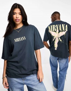 Темно-синяя футболка оверсайз с лицензией унисекс ASOS принтом Nirvana. Цвет: синий