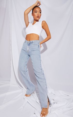 Голубые джинсовые джинсы с разрезом на талии для миниатюрных размеров PrettyLittleThing