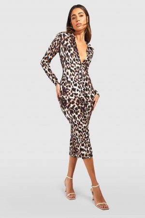 Платье-рубашка миди с текстурированной леопардовой принтом , коричневый Boohoo