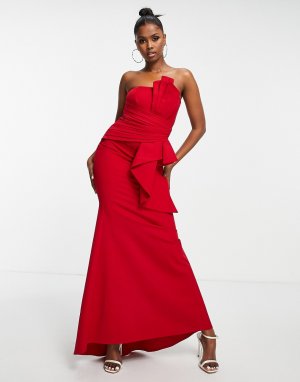 Красное платье-бандо макси с отделкой складками -Красный Goddiva