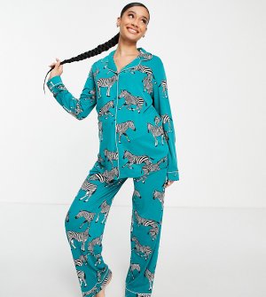 Бирюзовый пижамный комплект из экологичного трикотажа с принтом зебр, брюками и рубашкой отложным воротником Maternity-Голубой Chelsea Peers