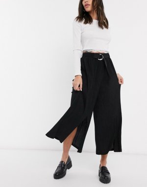 Черные широкие укороченные брюки с разрезами -Черный цвет Bershka