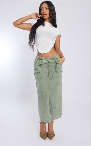 Миниатюрная потертая зеленая джинсовая юбка-миди карго PrettyLittleThing