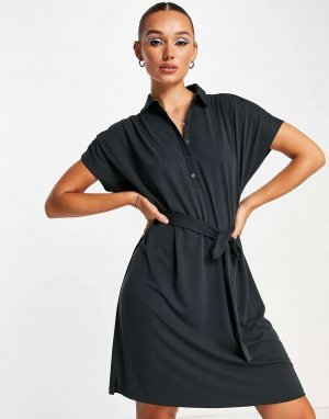 Черное мини-платье-поло с завязкой на талии French Connection