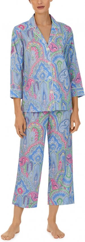 Пижамный комплект капри с рукавом 3/4 и вырезом на воротнике LAUREN Ralph Lauren, цвет Blue Paisley