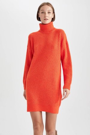 Платье из ткани Салоники с водолазкой свободного кроя , оранжевый DeFacto