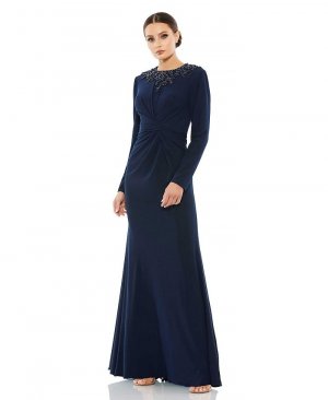 Женское платье-раструб Ieena с высоким воротником и длинными рукавами, расшитое бисером спереди, синий Mac Duggal