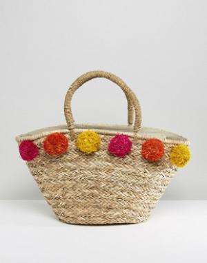 Плетеная сумка с помпонами Chateau. Цвет: мульти
