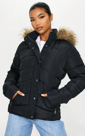 Черная стеганая куртка-пуховик Mara с капюшоном из искусственного меха PrettyLittleThing