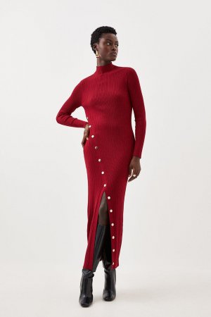 Трикотажное платье мидакси с разрезами и попперами из вискозы , красный Karen Millen