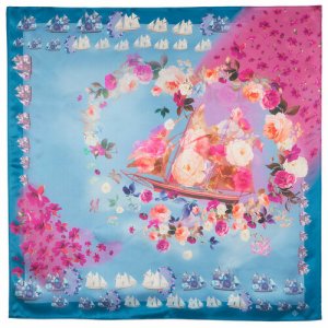Платок ,89х89 см, голубой, розовый Павловопосадская платочная мануфактура. Цвет: голубой/бежевый/розовый
